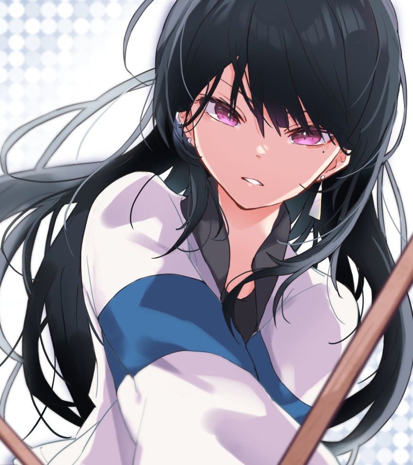 1girl, bang_dream!, bang_dream!_it's_mygo!!!!!, black_hair, drumsticks, earrings, highres, i_haru_illust, jacket, jewelry, long_hair, looking_at_viewer, mole, mole_under_eye, open_mouth, shiina_taki, solo, upper_body, violet_eyes, white_jacket