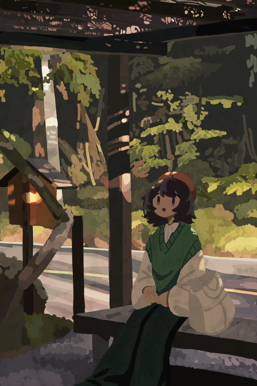 1girl, :d, artist_self-insert, bag, bench, beret, birdhouse, brown_eyes