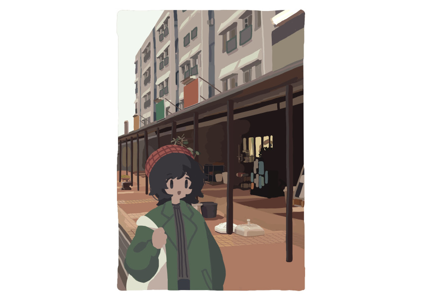 1girl, absurdres, artist_self-insert, bag, beret, black_eyes, black_hair, border