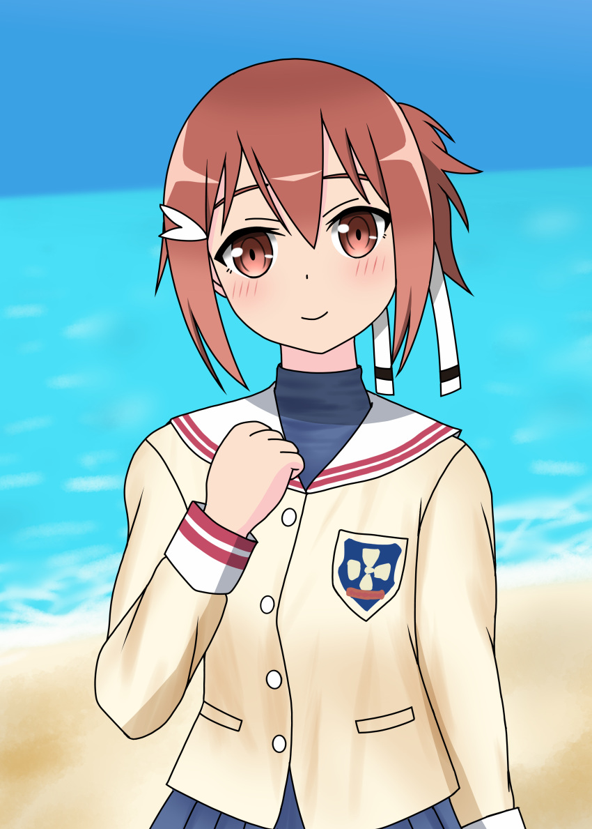 1girl, absurdres, amitariri, beach, blue_skirt, blush, brown_eyes, brown_hair, clannad, closed_mouth, cosplay, day, emblem, furukawa_nagisa, furukawa_nagisa_(cosplay), hair_between_eyes, hair_ornament, hair_ribbon, highres, hikarizaka_private_high_school_uniform, jacket, long_sleeves, looking_at_viewer, ocean, outdoors, pleated_skirt, ponytail, red_eyes, redhead, ribbon, sailor_collar, school_uniform, short_hair, skirt, smile, solo, water, white_ribbon, white_sailor_collar, yuuki_yuuna, yuuki_yuuna_wa_yuusha_de_aru, yuusha_de_aru