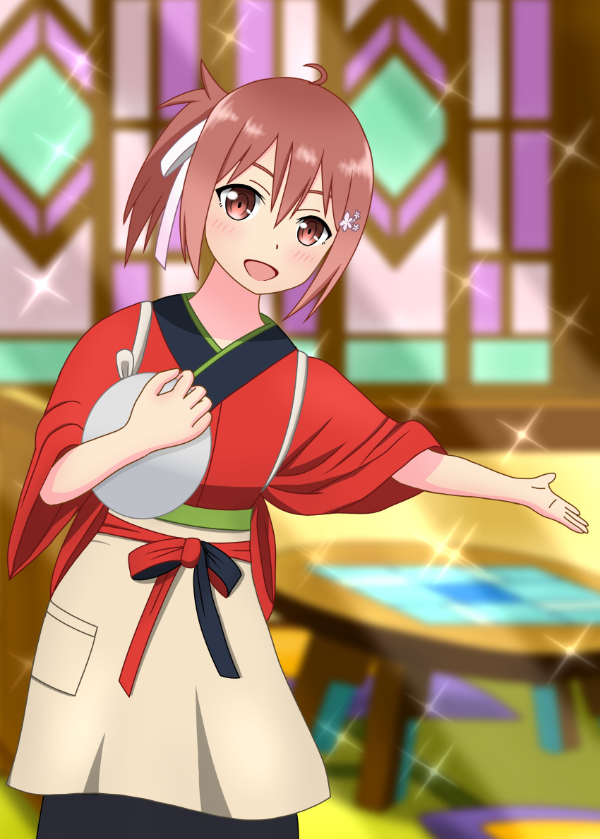1girl, :d, absurdres, ahoge, amitariri, apron, blurry, blurry_background, blush, brown_apron, brown_eyes, brown_hair, cosplay, depth_of_field, flower, hair_between_eyes, hair_flower, hair_ornament, hair_ribbon, highres, holding, holding_tray, indoors, japanese_clothes, kimono, looking_at_viewer, lycoris_recoil, nishikigi_chisato, nishikigi_chisato_(cosplay), open_mouth, outstretched_arm, plate, ponytail, red_eyes, red_kimono, redhead, ribbon, short_hair, skirt, smile, solo, sparkle, stained_glass, standing, table, takashima_yuuna, tasuki, tray, waitress, white_ribbon, wide_sleeves, yuuki_yuuna_wa_yuusha_de_aru, yuusha_de_aru