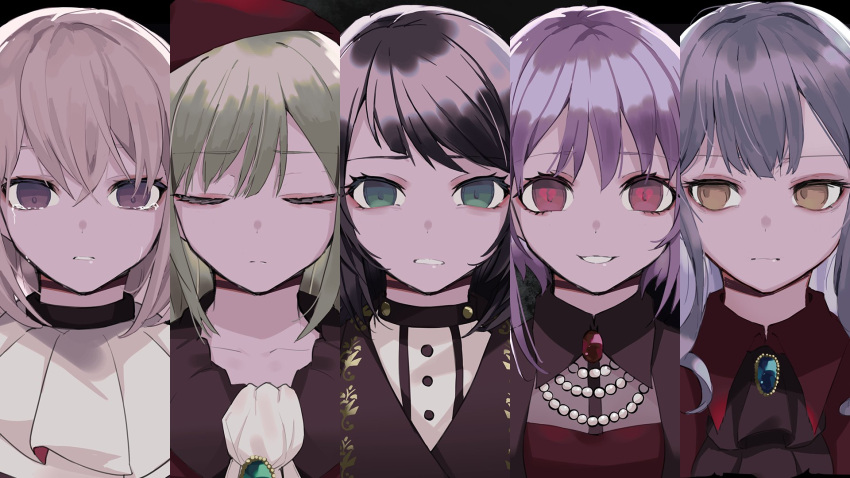 5girls, amoris_(bang_dream!), ascot, ave_mujica_(bang_dream!), bang_dream!, bang_dream!_it's_mygo!!!!!, beret, black_hair, blonde_hair, blue_brooch, blue_hair, closed_eyes, collared_shirt, column_lineup, commentary_request, crying, crying_with_eyes_open, doloris_(bang_dream!), green_eyes, green_hair, hair_between_eyes, hat, heart, heart-shaped_pupils, highres, i_haru_illust, long_hair, medium_hair, misumi_uika, mortis_(bang_dream!), multiple_girls, oblivionis_(bang_dream!), purple_hair, red_brooch, red_eyes, red_hat, red_shirt, shirt, symbol-shaped_pupils, tears, timoris_(bang_dream!), togawa_sakiko, upper_body, violet_eyes, wakaba_mutsumi, white_ascot, yahata_umiri, yellow_eyes, yuutenji_nyamu
