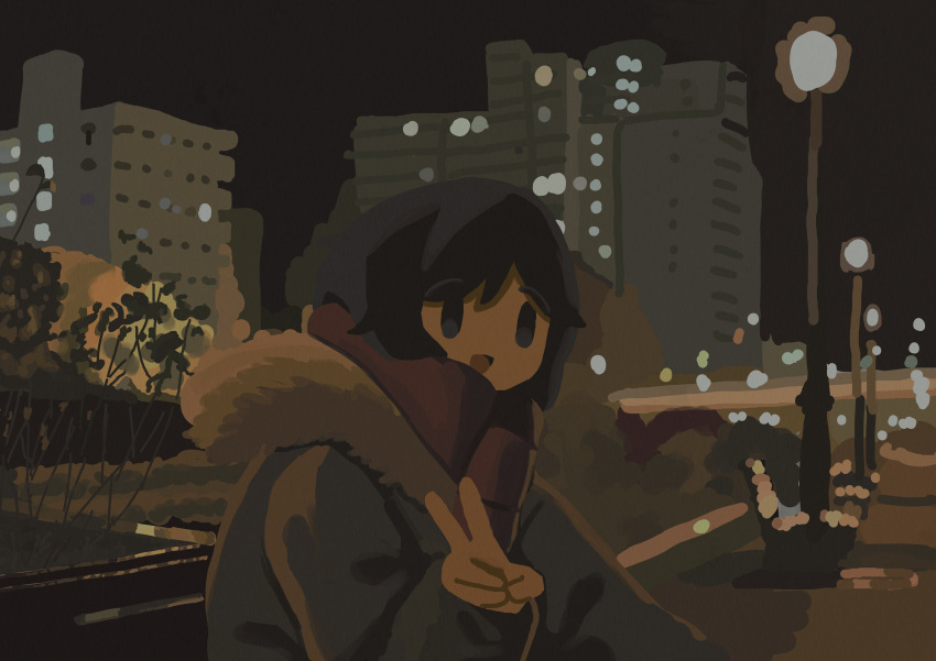 1girl, :d, absurdres, artist_self-insert, black_eyes, black_hair, blurry, bokeh