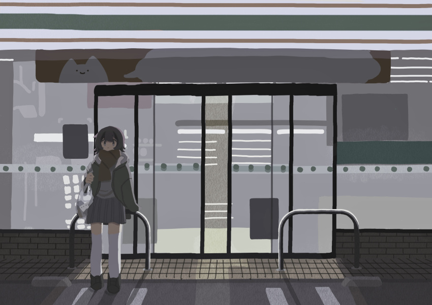 1girl, absurdres, against_railing, arm_at_side, artist_self-insert, bag, brown_hair, coat