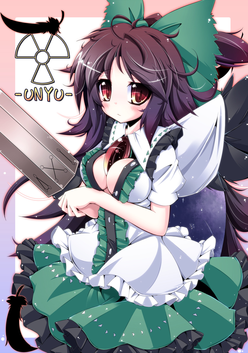 :3, absurdres, arm_cannon, black_wings, bow, breasts, brown_hair, cleavage