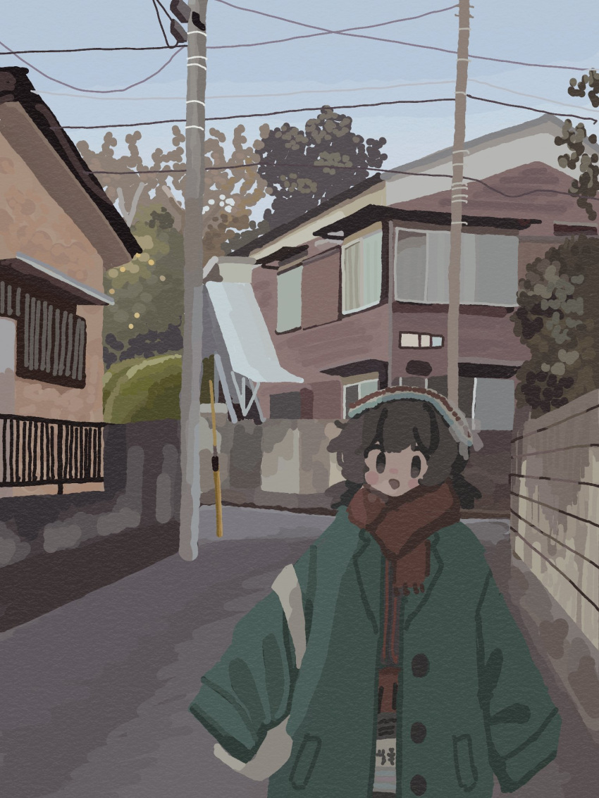 1girl, :d, bag, beanie, blue_sky, blush, brown_eyes, brown_hair