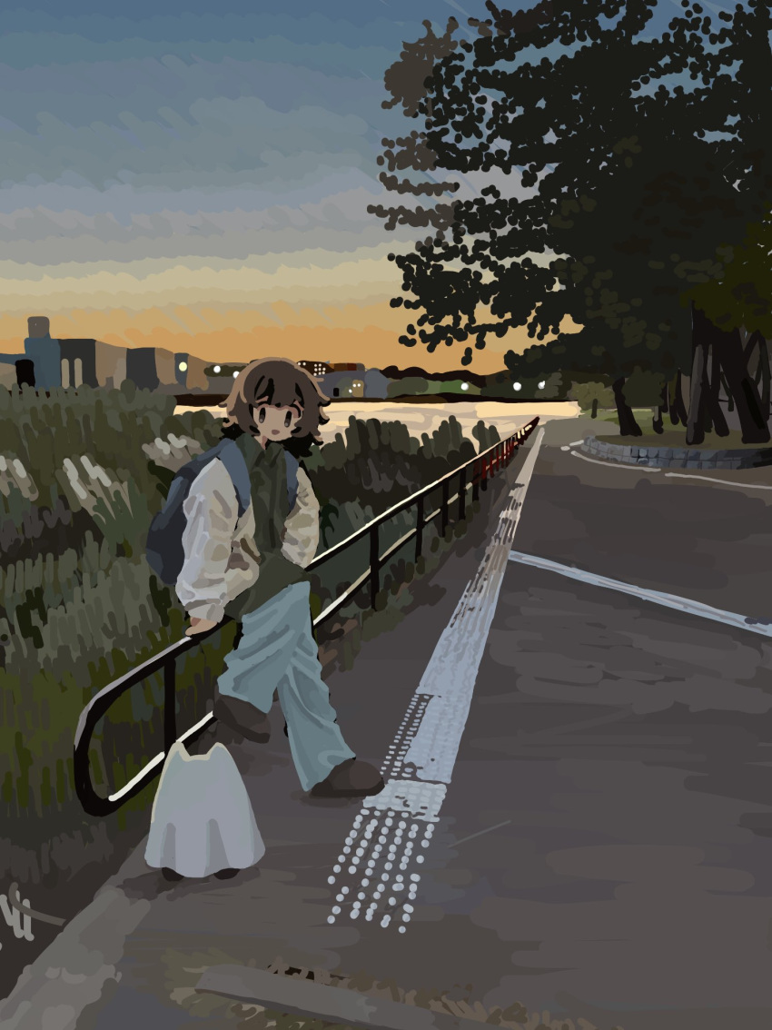 1girl, :d, arms_at_sides, backpack, bag, baggy_pants, black_footwear, blue_pants