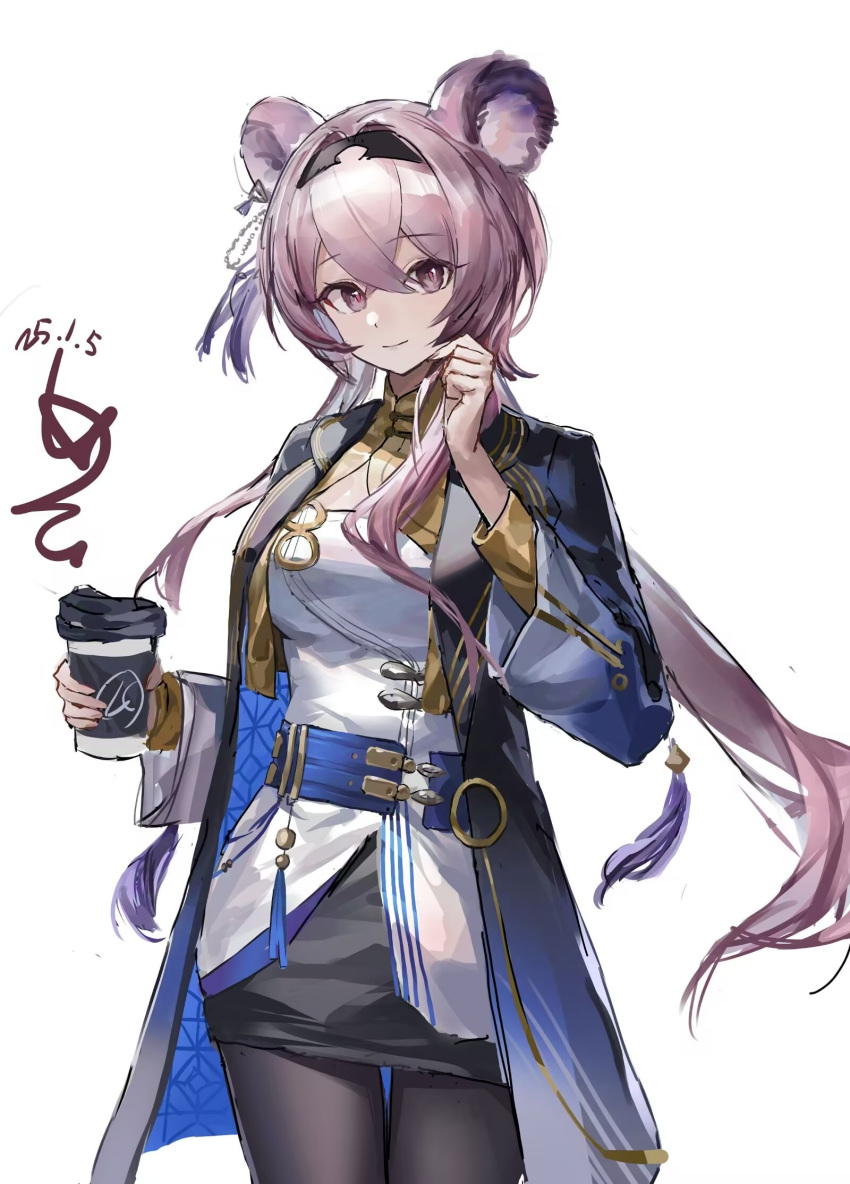 1girl, animal_ears, arknights, black_coat, black_hairband, black_pantyhose, black_skirt, blue_coat