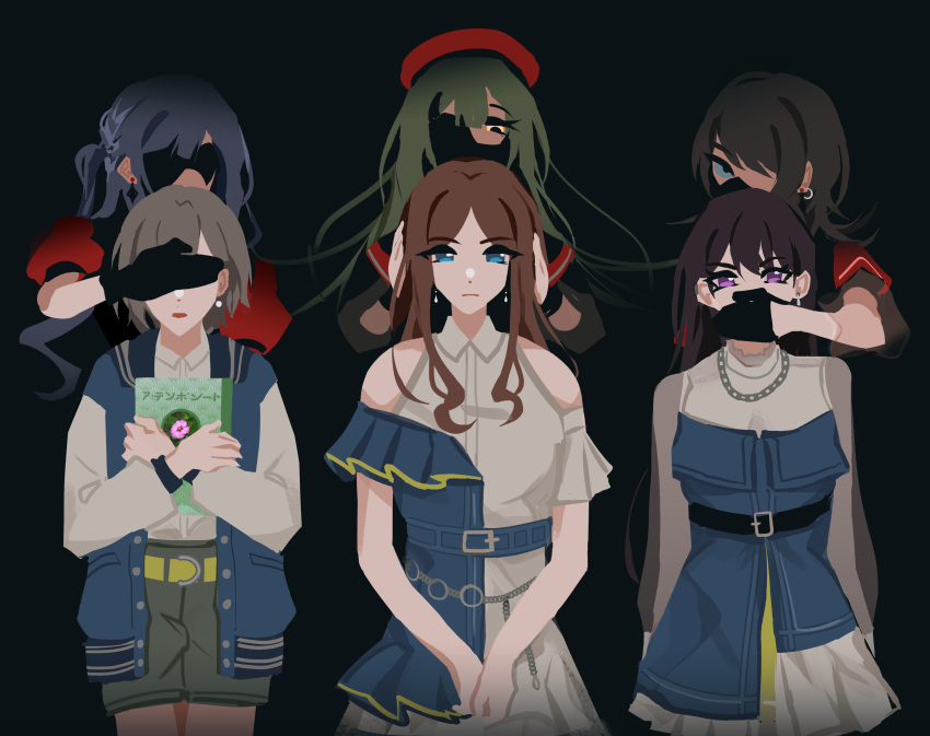 6+girls, absurdres, bang_dream!, bang_dream!_it's_mygo!!!!!, black_background, black_gloves, black_mask, blue_dress