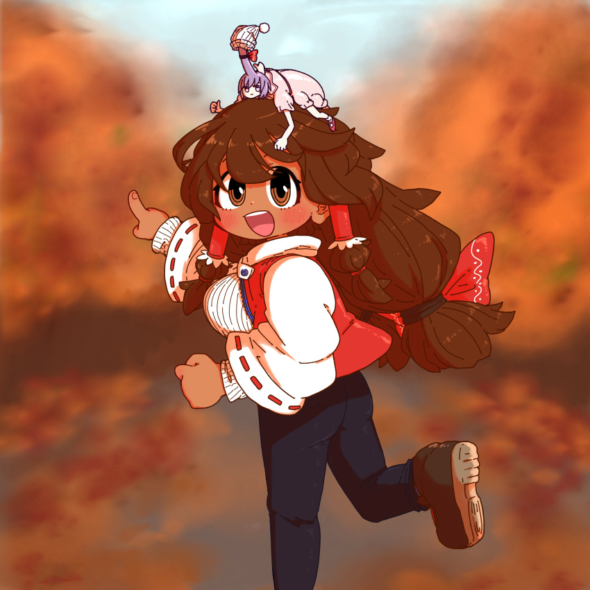 2girls, :d, absurdres, agucala_(cookie), alternate_costume, autumn, beetle, black_pants
