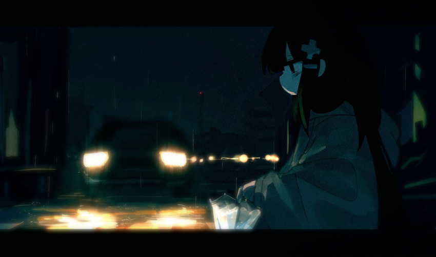 1girl, black_eyes, black_hair, car, dark, grey_hoodie, hair_ornament, hairpin