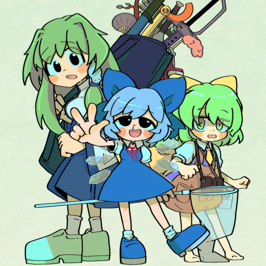 3girls, absurdres, barefoot, binoculars, black_eyes, blue_bow, blue_dress, blue_footwear