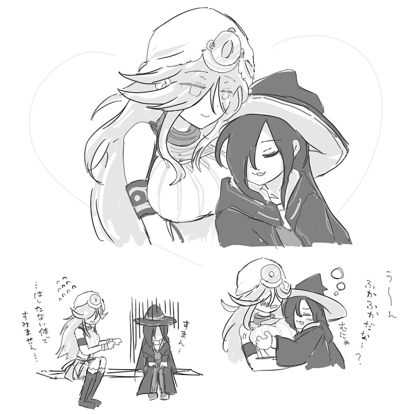 anpanwonageru, black_hair, black_robe, breasts, grabbing_another's_breast, groping, hair_over_one_eye, hat