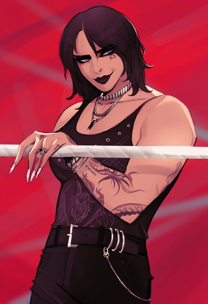 1girl, arm_tattoo, belt, black_belt, black_hair, black_lips, black_pants, black_tank_top