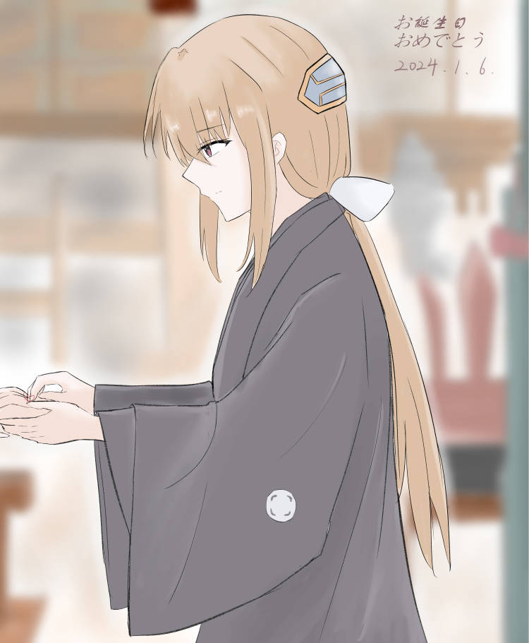 2girls, black_hakama, blonde_hair, hair_between_eyes, hakama, heaven_burns_red, japanese_clothes, jewelry