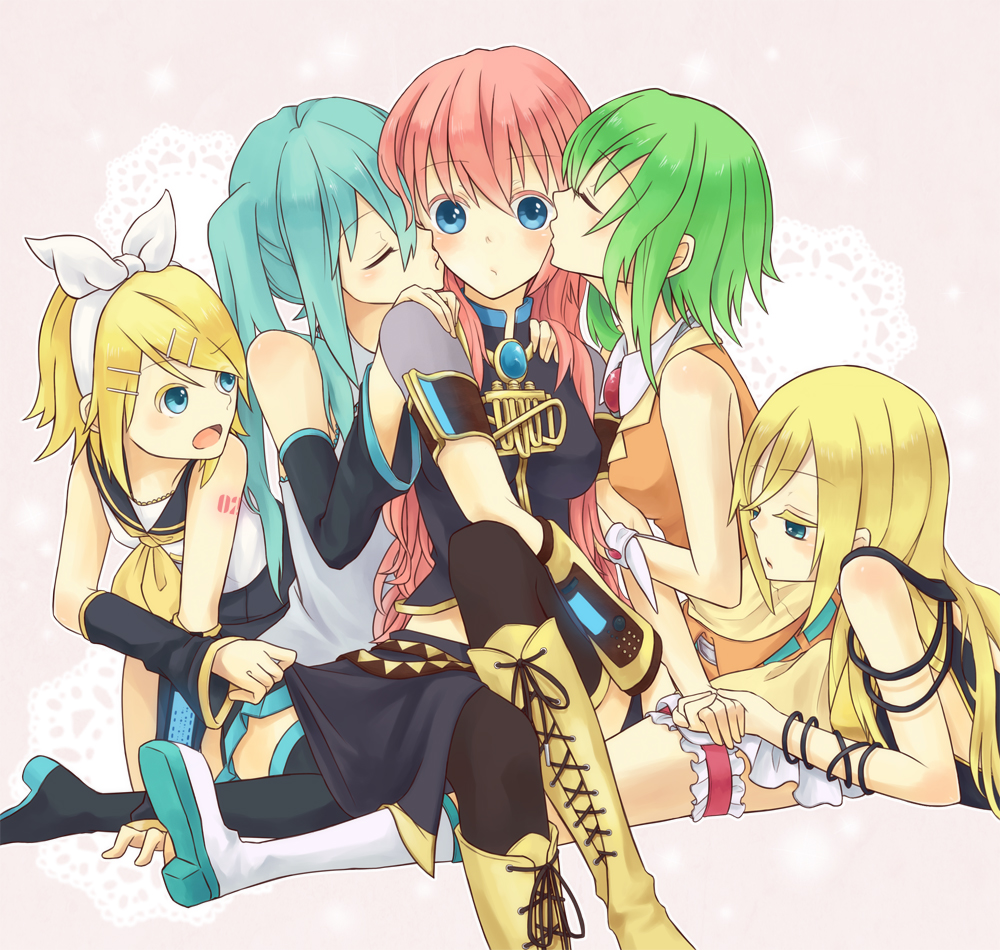 aqua_hair, blonde_hair, blue_eyes, boots, detached_sleeves, green_eyes, green_hair, gumi, hair_ornament, hair_ribbon, hairclip, harem, hatsune_miku, kagamine_rin, kiss, koma_(remi_398), lily_(vocaloid), long_hair, megurine_luka, multiple_girls, open_mouth, ribbon, short_hair, shorts, sititng, sitting, skirt, thigh-highs, thigh_boots, thighhighs, twintails, vocaloid, yuri