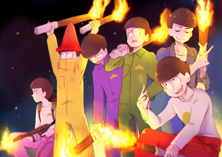 6+boys, adapted_costume, alternate_costume, annoyed, antenna_hair, arms_up, backpack, bag, black_eyes, blue_background, blue_jumpsuit, blunt_bangs, brothers, brown_hair, closed_eyes, closed_mouth, cloud_print, collarbone, collared_jumpsuit, commentary_request, cork, covered_mouth, dual_wielding, embers, fire, flamethrower, frown, furrowed_brow, green_jumpsuit, gun, half-closed_eye, hanada_hyou, hand_on_own_hip, holding, holding_cork, holding_flamethrower, holding_gun, holding_weapon, jumpsuit, jumpsuit_around_waist, leaning_forward, long_sleeves, looking_ahead, male_focus, matsuno_choromatsu, matsuno_ichimatsu, matsuno_jyushimatsu, matsuno_karamatsu, matsuno_osomatsu, matsuno_todomatsu, messy_hair, multiple_boys, on_one_knee, open_mouth, osomatsu-san, osomatsu_(series), outstretched_hand, over_shoulder, pink_jumpsuit, pocket, purple_jumpsuit, red_jumpsuit, sextuplets, shirt, short_hair, siblings, sitting, sleeves_rolled_up, smile, standing, thick_eyebrows, traffic_cone_on_head, triangle_mouth, weapon, weapon_over_shoulder, white_shirt, yellow_jumpsuit