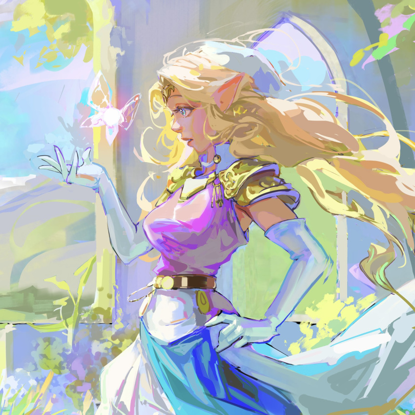 1girl, armor, balo_badartist, blonde_hair, blue_eyes, commentary, dress, elbow_gloves