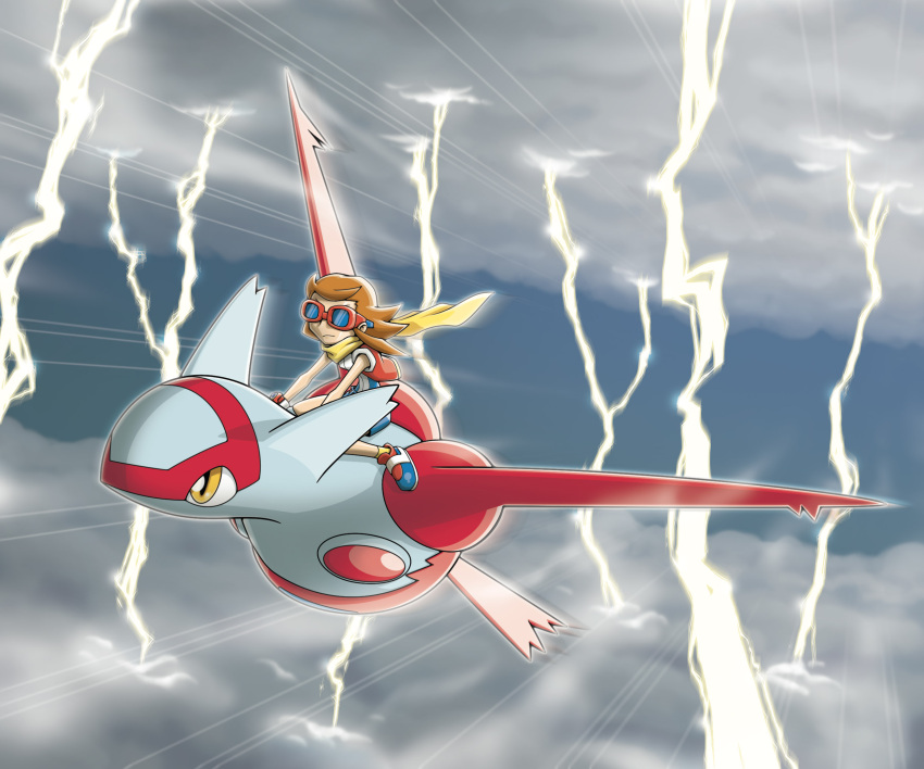 1boy, artist_request, ben_(pokemon), brown_hair, closed_mouth, clouds, flying, goggles, highres, jacket, latias, lightning, medium_hair, official_art, pokemon, pokemon_(creature), pokemon_ranger, pokemon_ranger_3, red_goggles, red_jacket, red_scarf, riding, riding_pokemon, scarf, shoes, storm, third-party_source, yellow_eyes