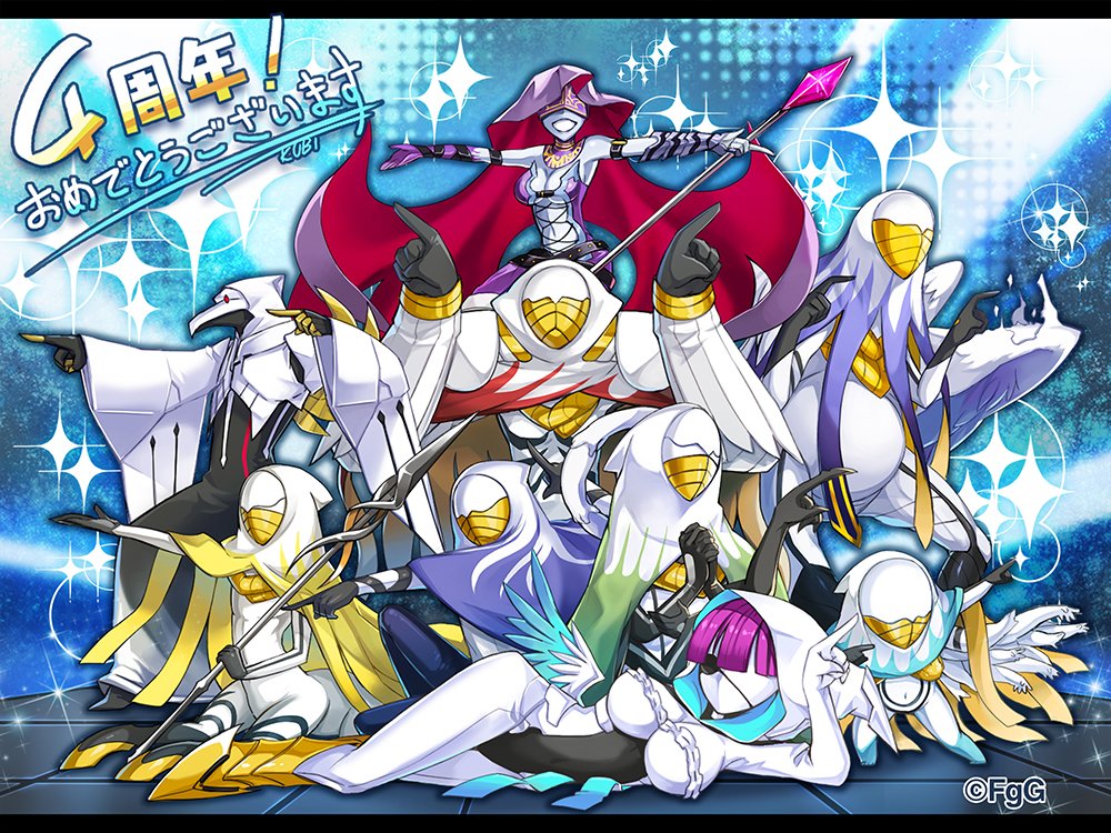 2girls, 6+others, :d, anniversary, artist_name, black_gloves, commentary_request, copyright_notice