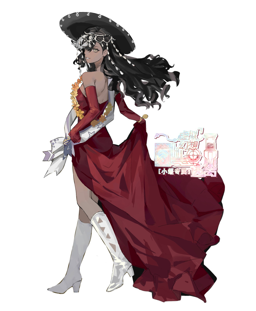 1girl, absurdres, artist_request, back, bare_shoulders, black_hair, black_hat, boots