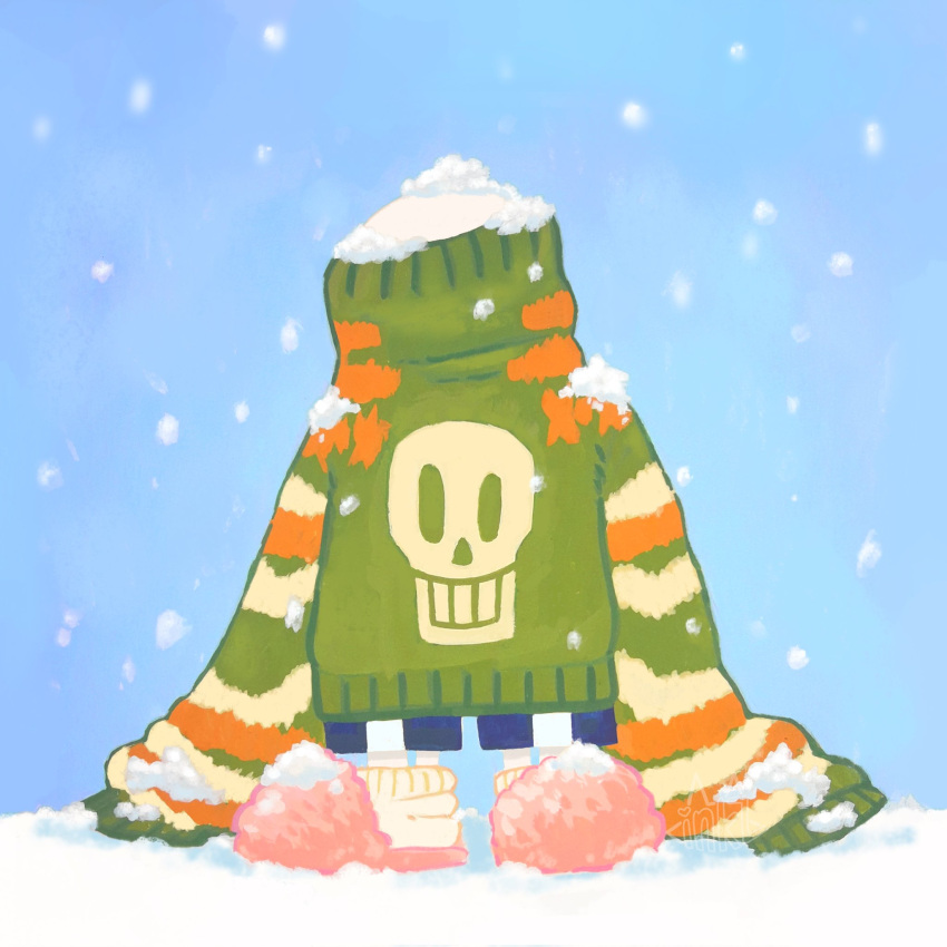 1boy, 2022, 2d, black_shorts, character_print, christmas, christmas_sweater, covered_face, digital_media, green_sweater, highres, humanoid, inkz123, long_sleeves, male, male_focus, male_only, mixed_media, monster, monster_boy, oversized_clothes, pink_slippers, sans_(undertale), shorts, skeleton, slippers, snow, snowing, solo, standing, striped, striped_shorts, sweater, traditional_media, undead, undertale, utdr_(toby_fox), white_stripes