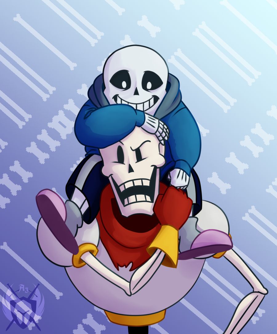 2019, 2boys, 2d, artist_logo, black_shorts, blue_jacket, blue_shorts, brothers, cape, digital_media, duo, fist_bump, gloves, gradient_background, hand_on_another's_head, height_difference, humanoid, jacket, knighta3, male, male_focus, male_only, monster, monster_boy, multiple_boys, pants, papyrus_(undertale), red_cape, red_gloves, sans_(undertale), shorts, shoulder_carry, siblings, skeleton, slippers, striped, striped_clothes, striped_shorts, teeth, undead, undertale, utdr_(toby_fox), vertical-striped_shorts, white_stripes