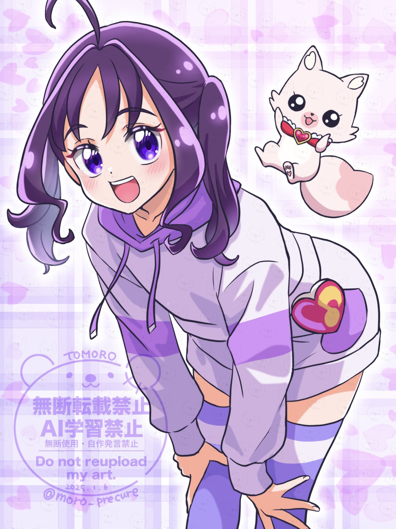 1girl, ahoge, bell, cowbell, dot_nose, flat_chest, hands_on_own_knees, highres, hood, hood_down, hoodie, leaning_forward, looking_at_viewer, medium_hair, moro_precure, open_mouth, plaid_background, precure, purple_background, purple_hair, purple_hoodie, purple_thighhighs, shigure_kokoro, single_horizontal_stripe, smile, solo, standing, striped_clothes, teeth, thigh-highs, twintails, twitter_username, upper_teeth_only, violet_eyes, watermark, you_and_idol_precure