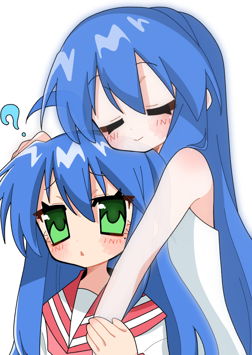 2girls, ?, ahoge, aoiuna, blue_hair, blush, closed_eyes, commentary_request