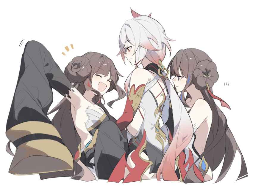 3girls, arm_up, bare_shoulders, black_sleeves, blue_eyes, blue_hair, brown_hair, chinese_clothes