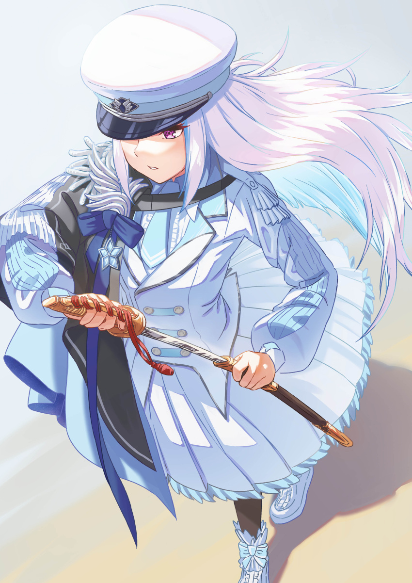 1girl, absurdres, ankle_bow, aqua_bow, aqua_necktie, asada7101, black_cape, blue_bow