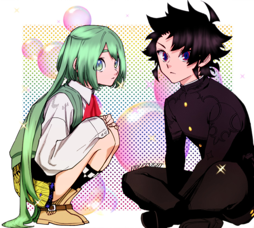 1boy, 1girl, artist_name, black_hair, closed_mouth, colorized, green_eyes, green_hair, highres, ichi_(madan_no_ichi), jacket, kumugi_(madan_no_ichi), long_hair, long_sleeves, looking_at_viewer, madan_no_ichi, pants, ribbon, shirt, short_hair, sitting, skirt, third-party_edit, twintails, v1oletnight, witch