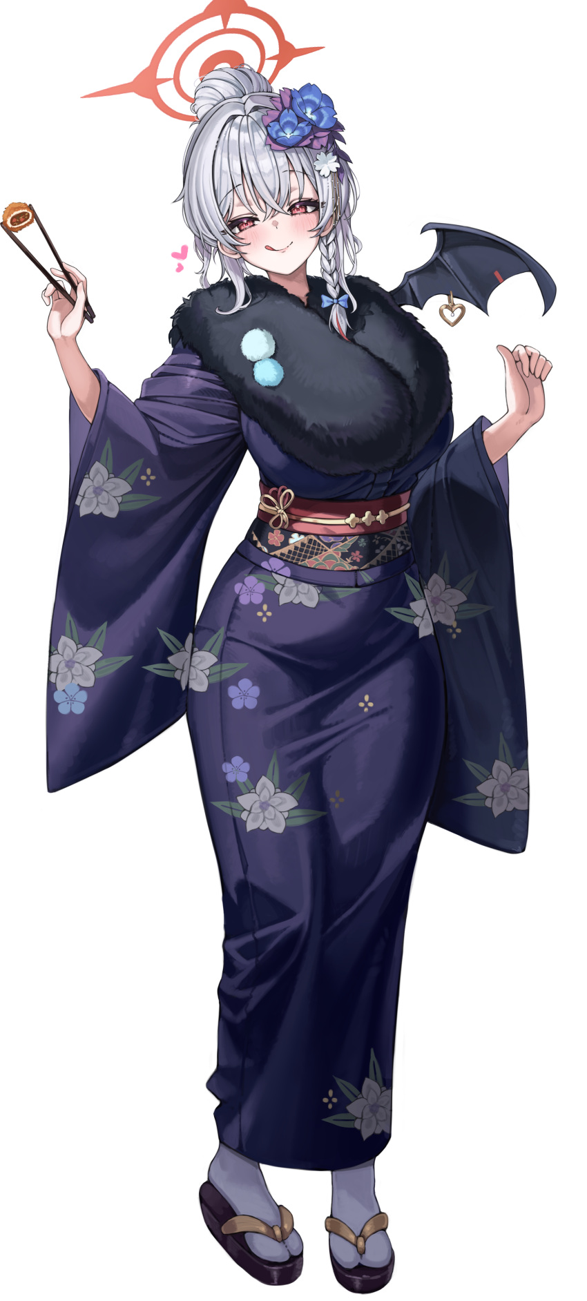 1girl, :q, absurdres, akamin435, black_footwear, black_kimono, blue_archive, blue_bow