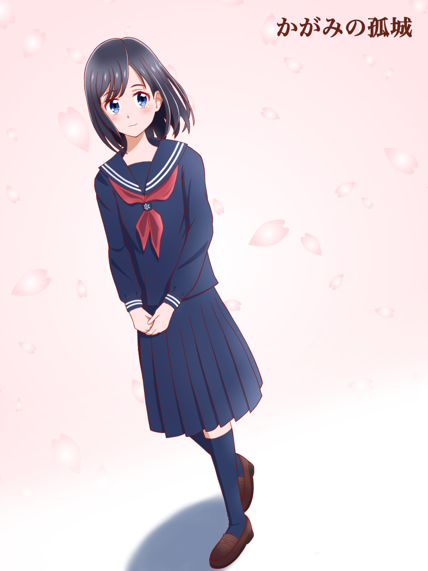 1girl, anzai_kokoro, black_hair, blue_eyes, blue_sailor_collar, blue_serafuku, blue_shirt, blue_skirt