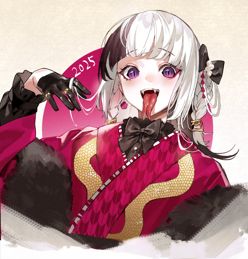 1girl, 2025, :d, black_gloves, black_hair, black_shirt, blush, bow