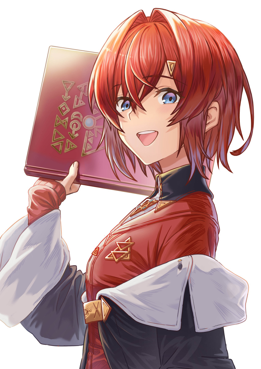 1girl, :d, absurdres, ange_katrina, ange_katrina_(1st_costume), asada7101, black_jacket, blue_eyes