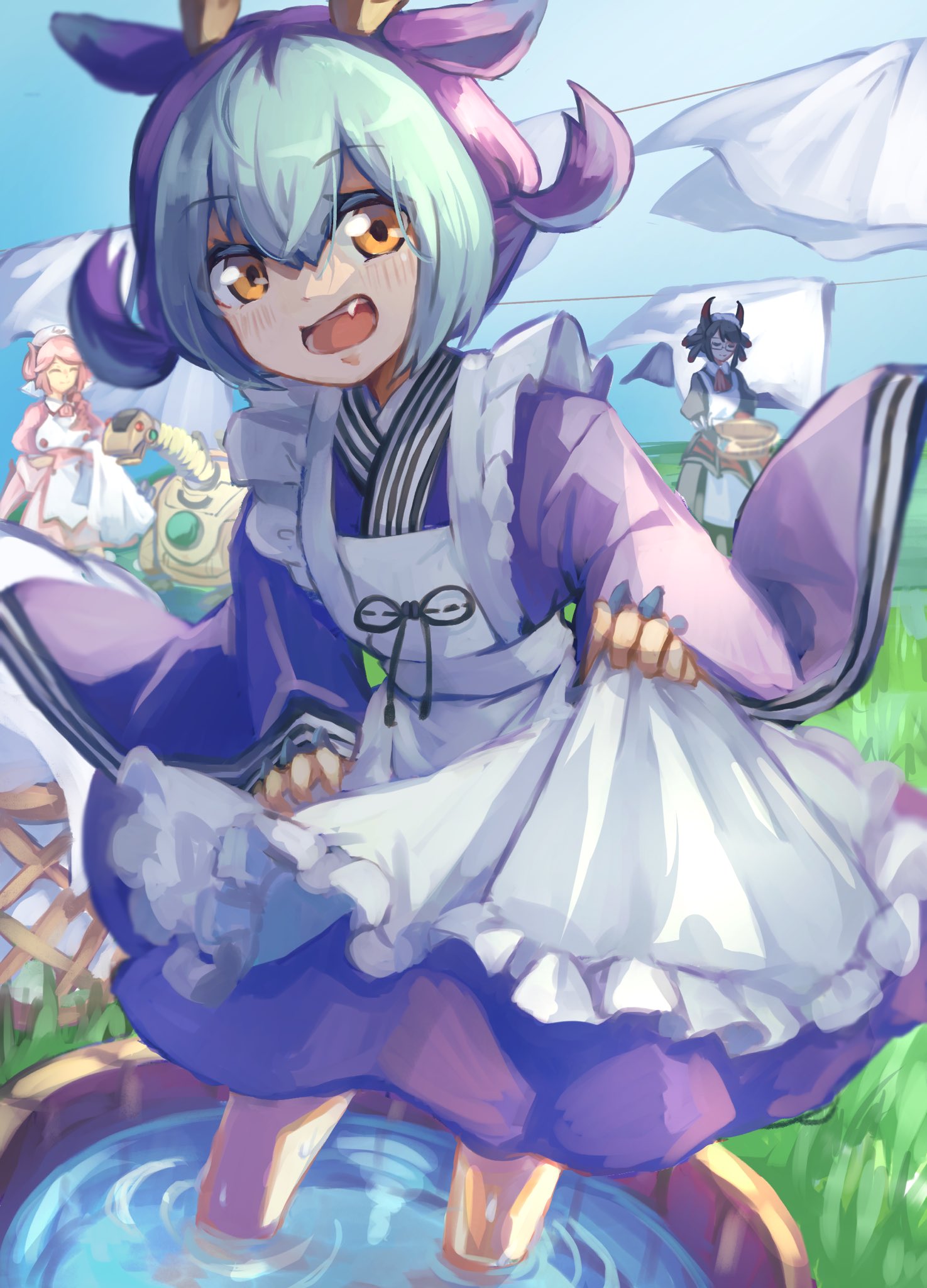 3girls, appliancer_laundry_dragon, apron, bed_sheet, black_hair, blue_hair, blush, closed_eyes