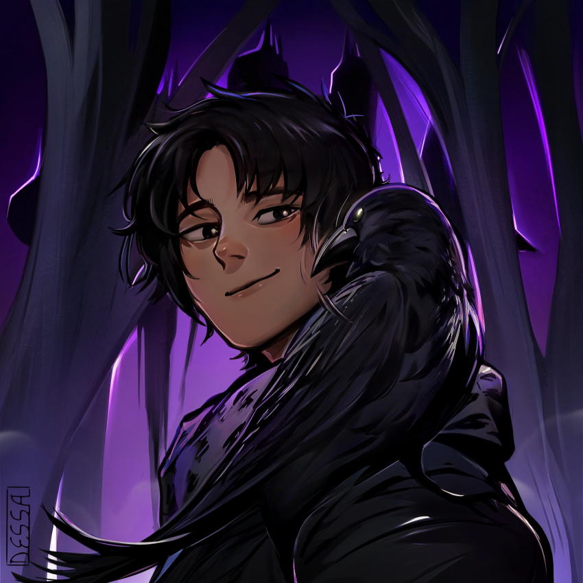 1boy, animal, animal_on_shoulder, artist_name, bare_tree, bird, bird_on_shoulder, black_eyes