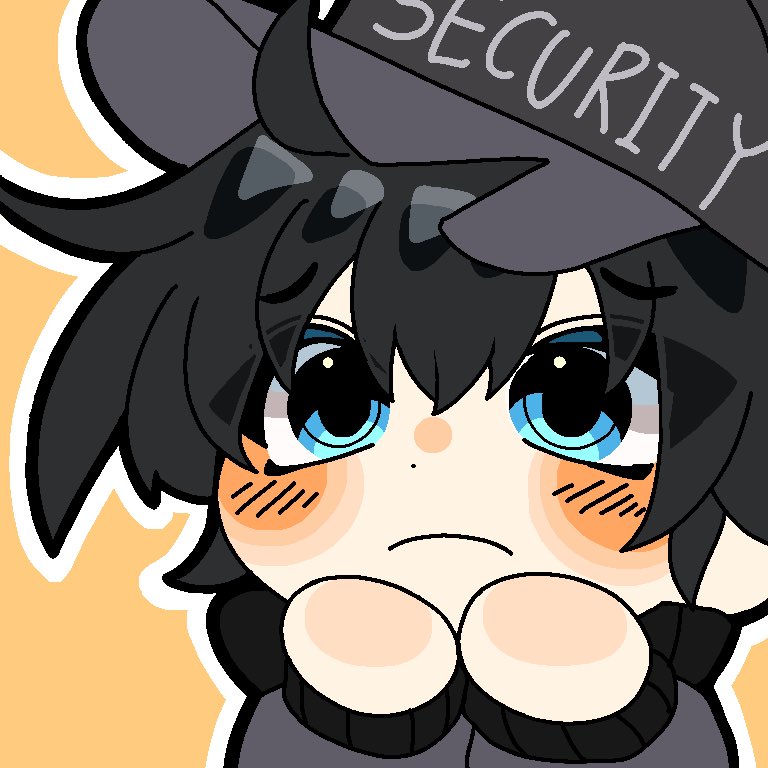 1boy, animification, bad_id, bad_twitter_id, baseball_cap, black_hair, black_hat, blue_eyes, blush, chibi, chibi_only, closed_mouth, clothes_writing, commentary, dave_panpa, dot_nose, english_commentary, eyes_visible_through_hair, frown, hair_between_eyes, hands_up, hat, henry_stickmin_(series), inactive_account, long_sleeves, male_focus, mer_(mer_246800), orange_background, outline, sad, short_hair, simple_background, solo, white_outline