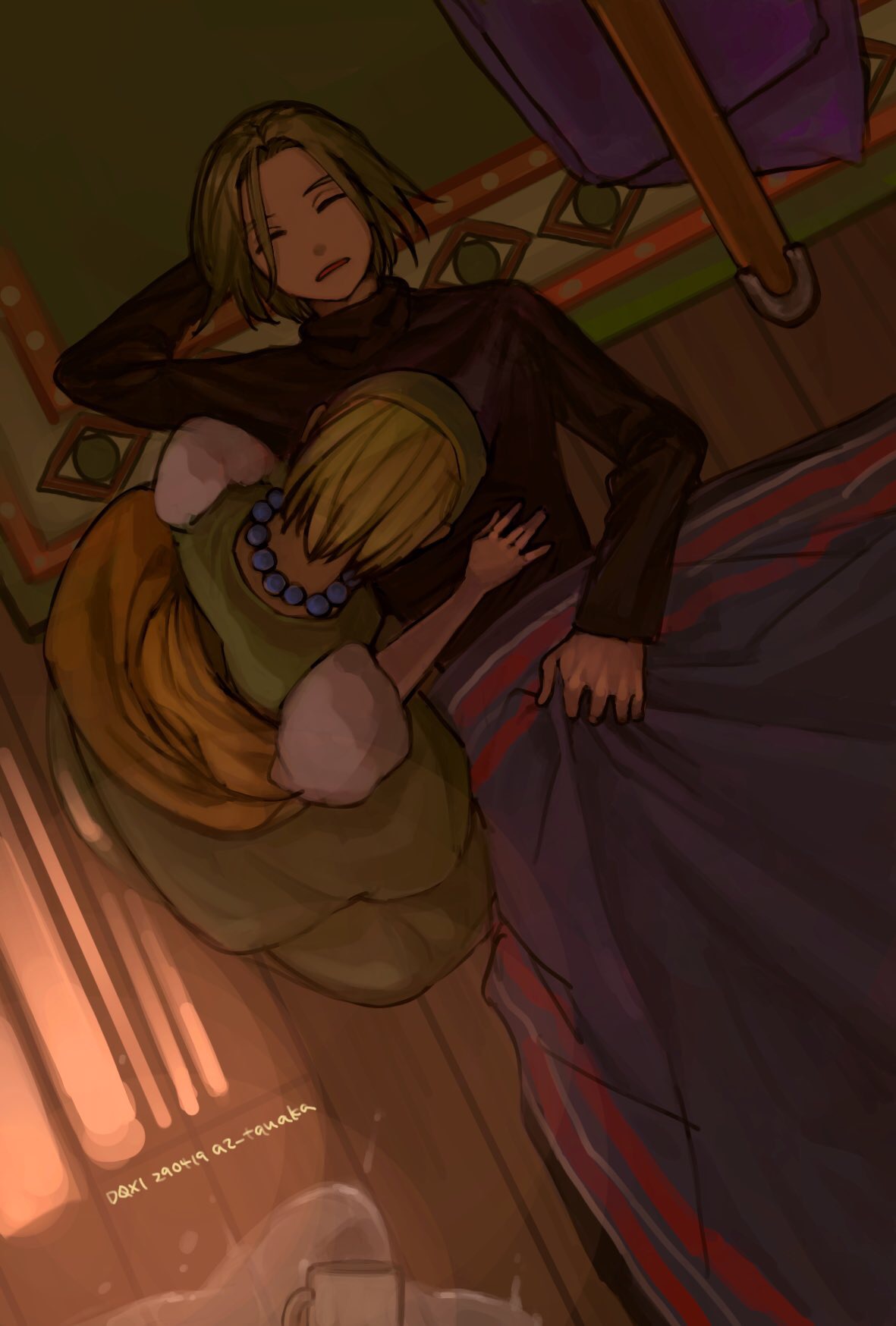 1boy, 1girl, arm_behind_head, artist_name, bead_necklace, beads, black_shirt, blanket