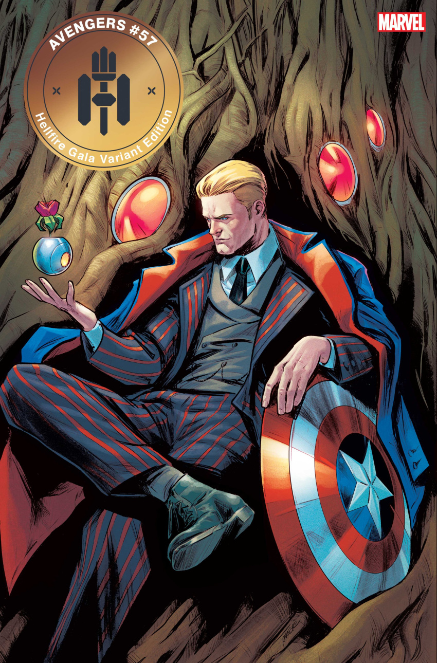 1boy, absurdres, alternate_costume, artist_collaboration, black_footwear, black_jacket, black_necktie, black_pants, blue_eyes, captain_america, carmen_carnero, coat, coat_on_shoulders, collared_shirt, grey_vest, highres, jacket, logo, marvel, matt_wilson, necktie, open_clothes, open_jacket, pants, pinstripe_jacket, pinstripe_pants, pinstripe_pattern, shield, shirt, shoes, short_hair, sitting, solo, steve_rogers, vest, white_shirt