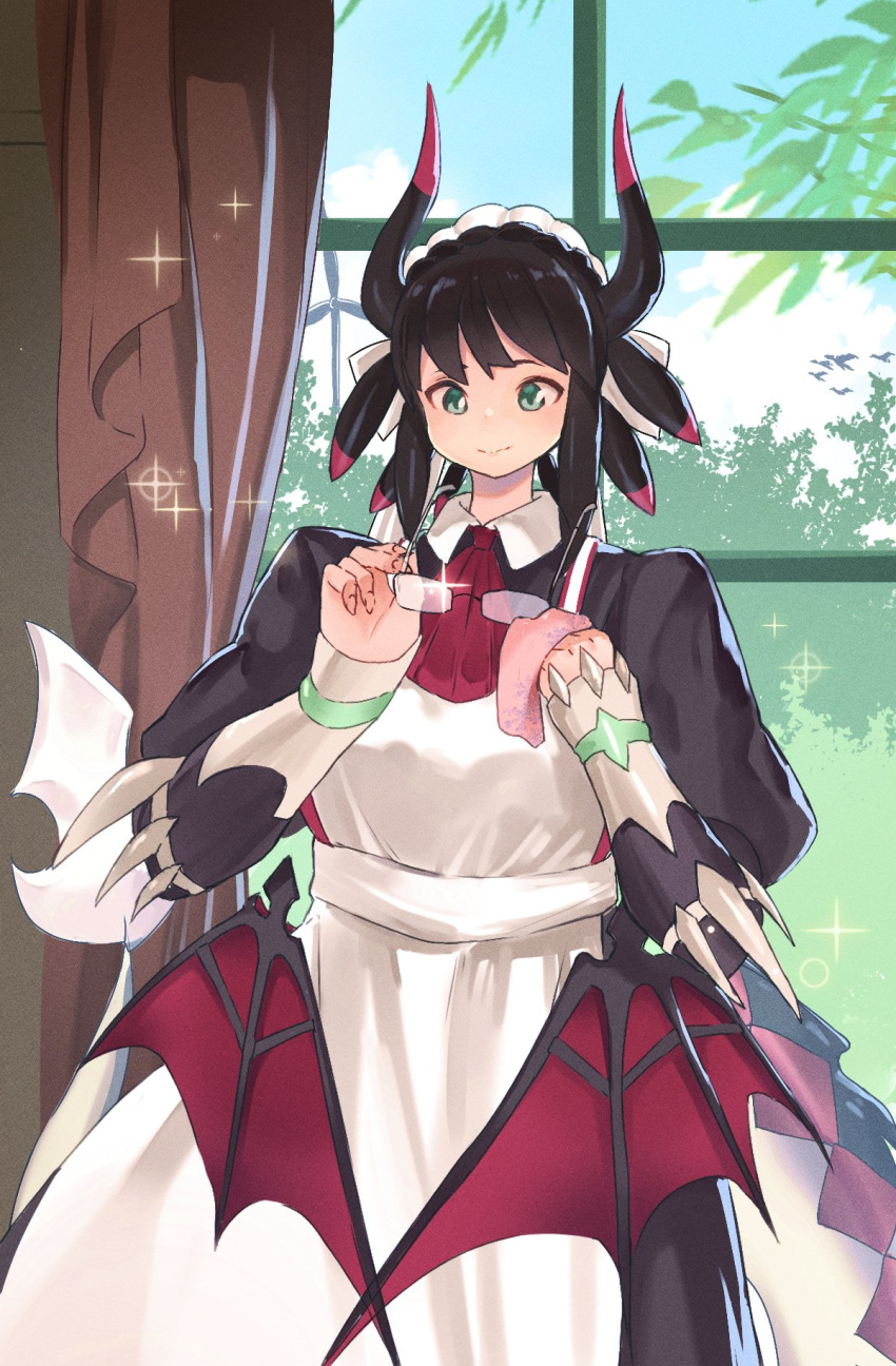 1girl, apron, black_hair, blush, cleaning_eyewear, closed_mouth, curtains, dougaku_(passionpit777)