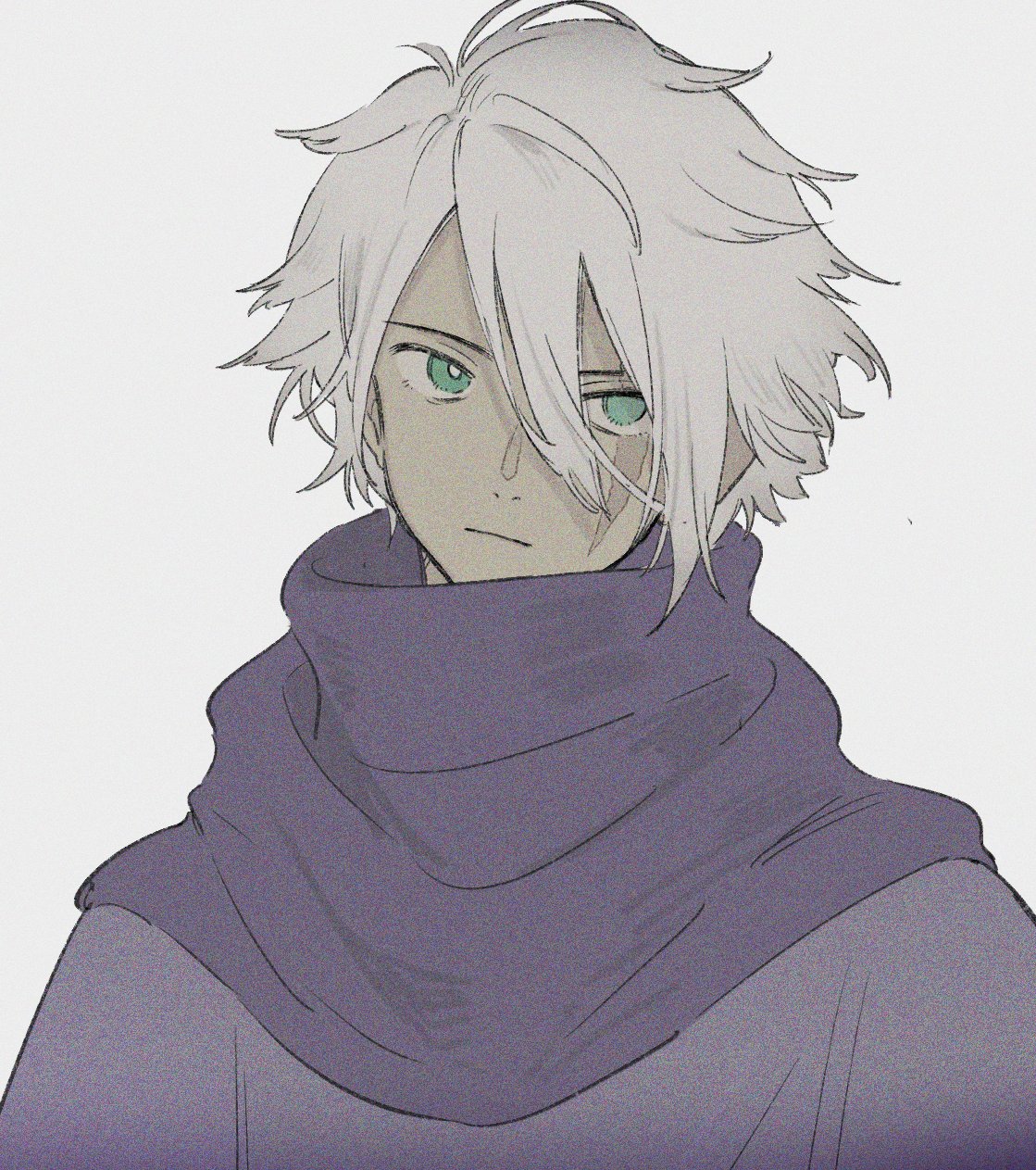 1boy, :|, aqua_eyes, closed_mouth, commentary_request, dark-skinned_male, dark_skin, film_grain, fujie_xy, hair_between_eyes, highres, looking_to_the_side, male_focus, messy_hair, mismatched_pupils, octopath_traveler, octopath_traveler_i, purple_robe, purple_scarf, robe, scar, scar_on_cheek, scar_on_face, scarf, short_hair, sideways_glance, simple_background, solo, therion_(octopath_traveler), upper_body, white_background, white_hair