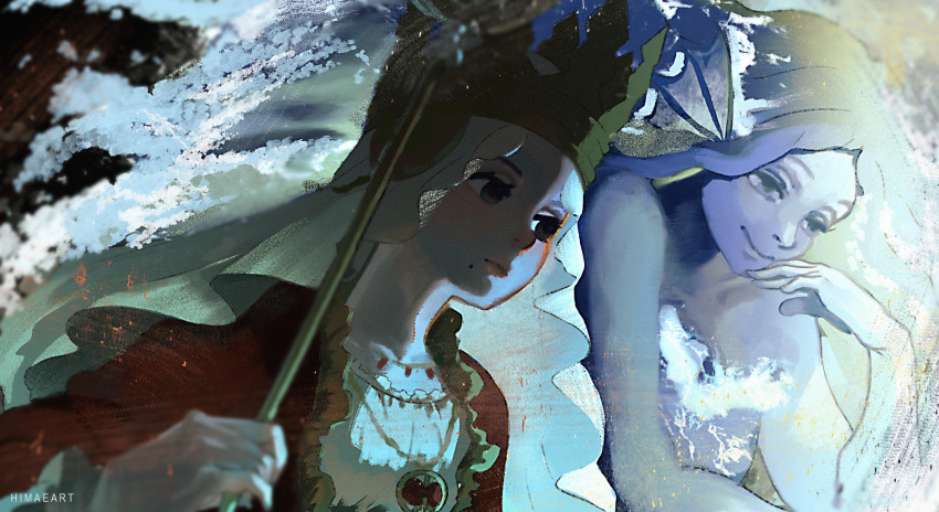 2girls, amulet, bare_shoulders, black_clover, blue_eyes, blue_hair, blue_skin, capelet