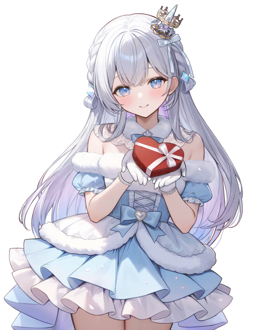 1girl, amahane_miran, aria_(ariacue), blue_dress, blue_eyes, bow, box, braid
