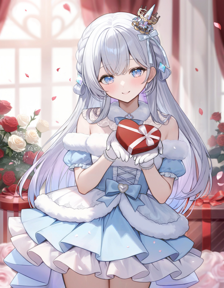 1girl, amahane_miran, aria_(ariacue), blue_dress, blue_eyes, bow, box, braid