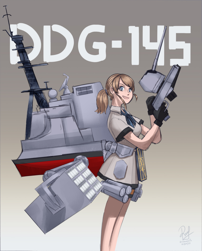 1girl, absurdres, black_gloves, blue_eyes, blue_neckerchief, brown_hair, gloves, grey_shirt