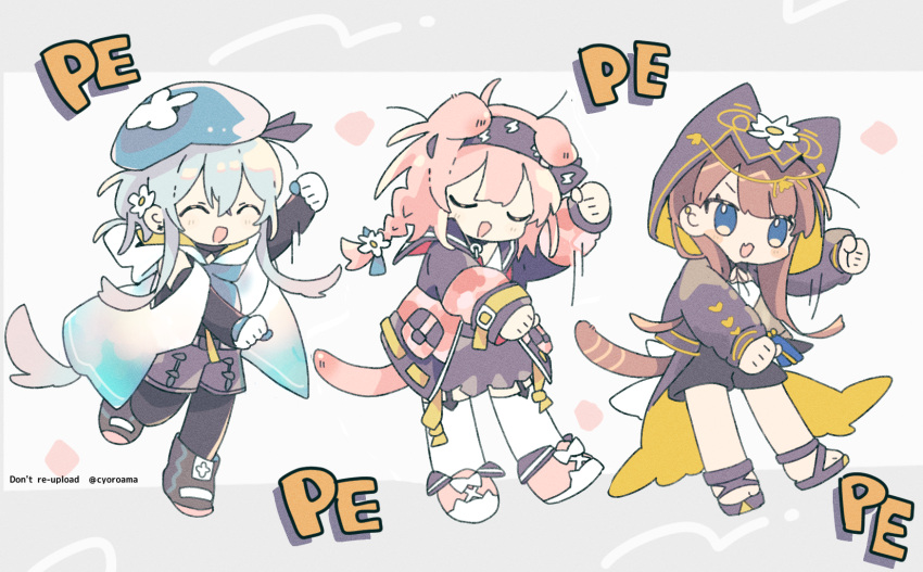 1boy, 2girls, :d, animal_ears, animal_hood, arknights, beret, black_hairband