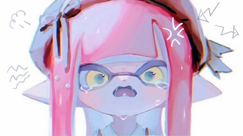 1girl, anger_vein, beret, blunt_bangs, crying, crying_with_eyes_open, fangs, grey_hat