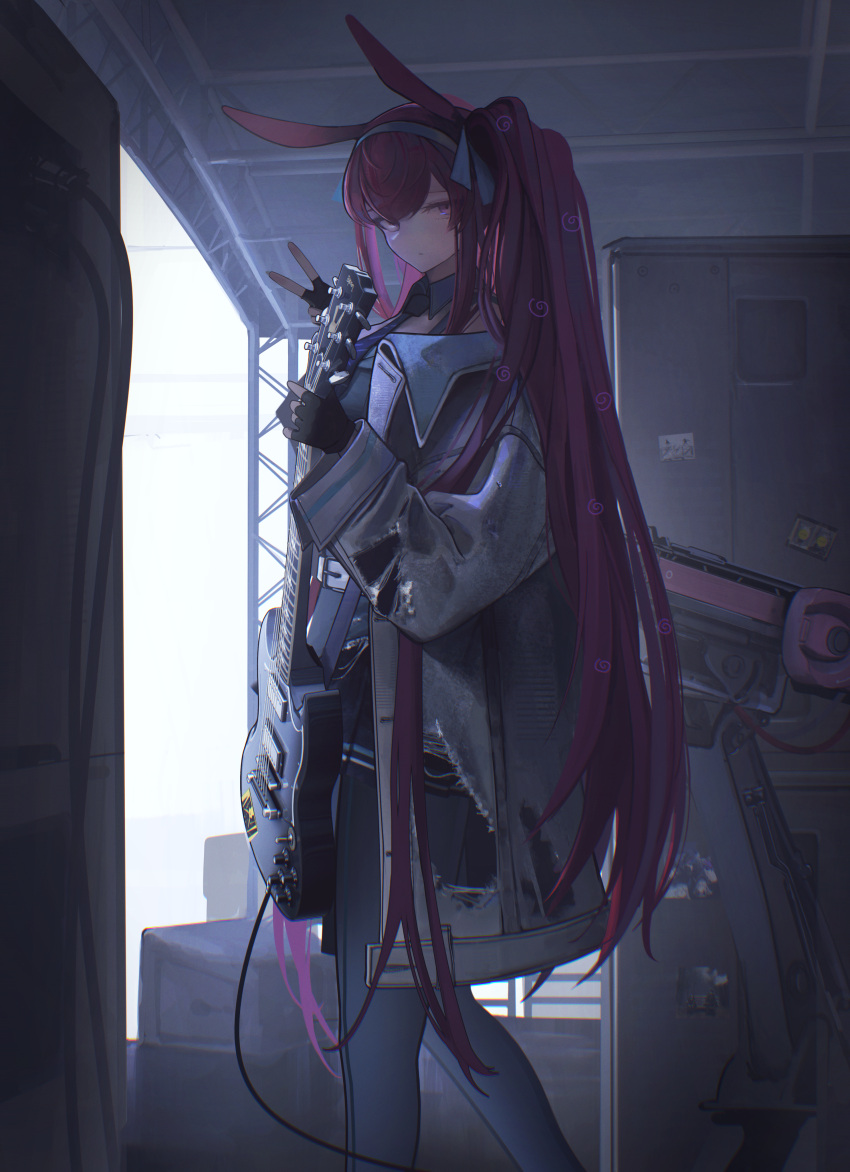 1girl, absurdres, animal_ears, arknights, backlighting, backstage, black_gloves, black_necktie